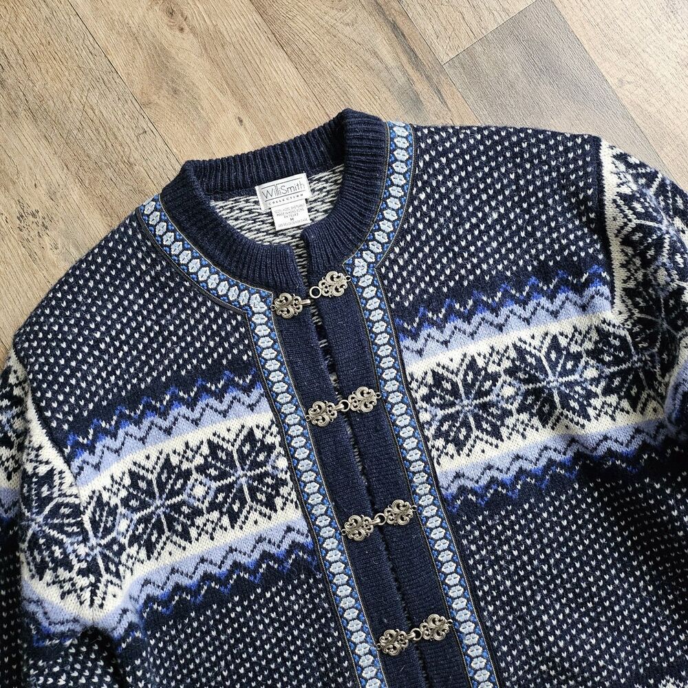 Vintage Willi Smith Women's M  Cardigan Sweater Fair Isle Silver Tone Hooks Wool